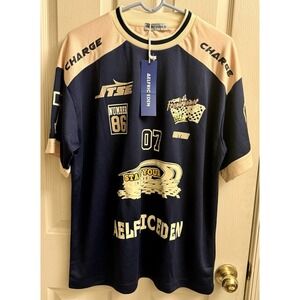 Aelfric Eden 90s style oversized graphic jersey‎ t-shirt navy & beige Medium New